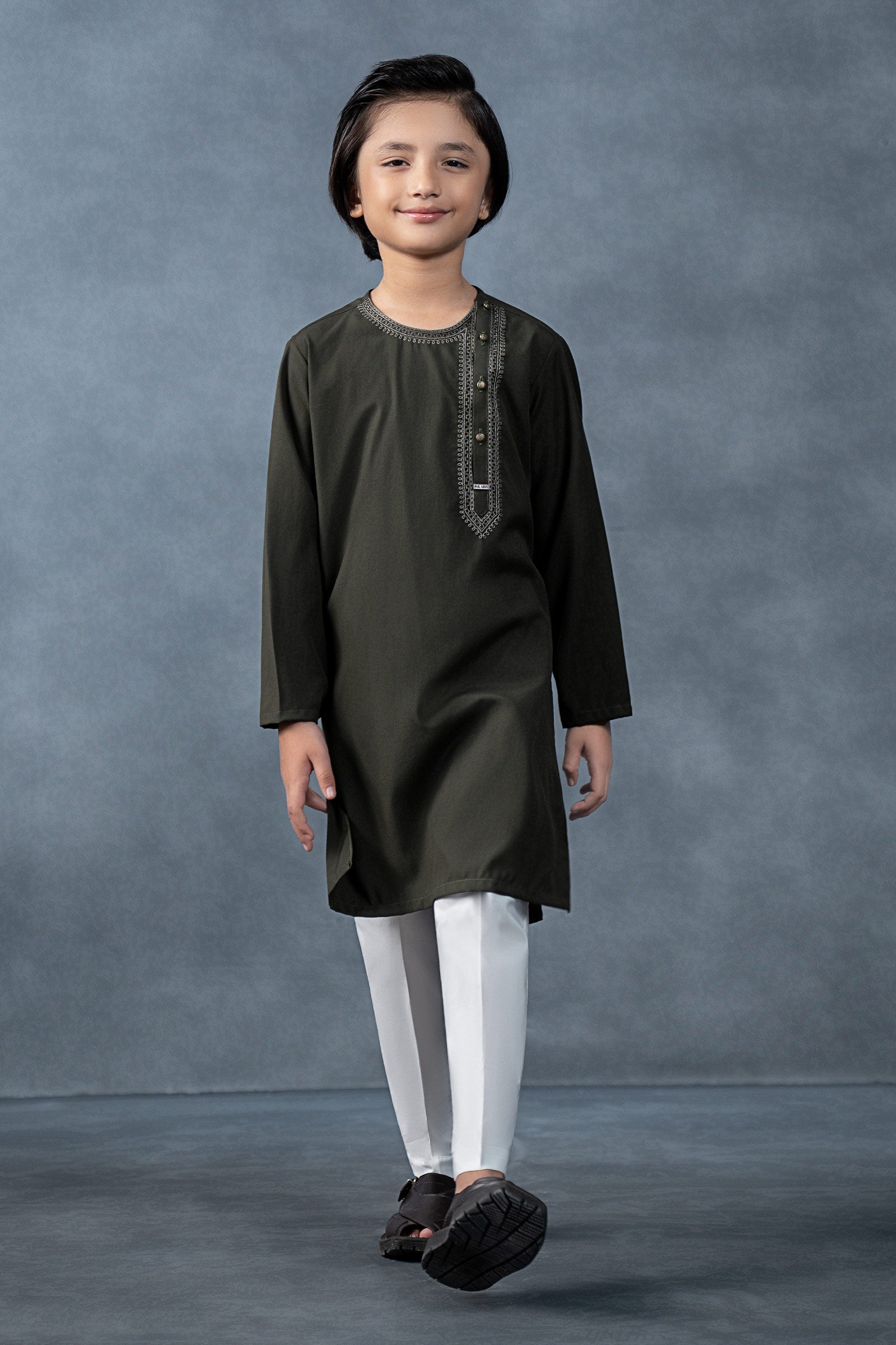 MBK-KRW25-23OliveFrontFront_B.jpg Embroidered Blended Kurta - Image 1