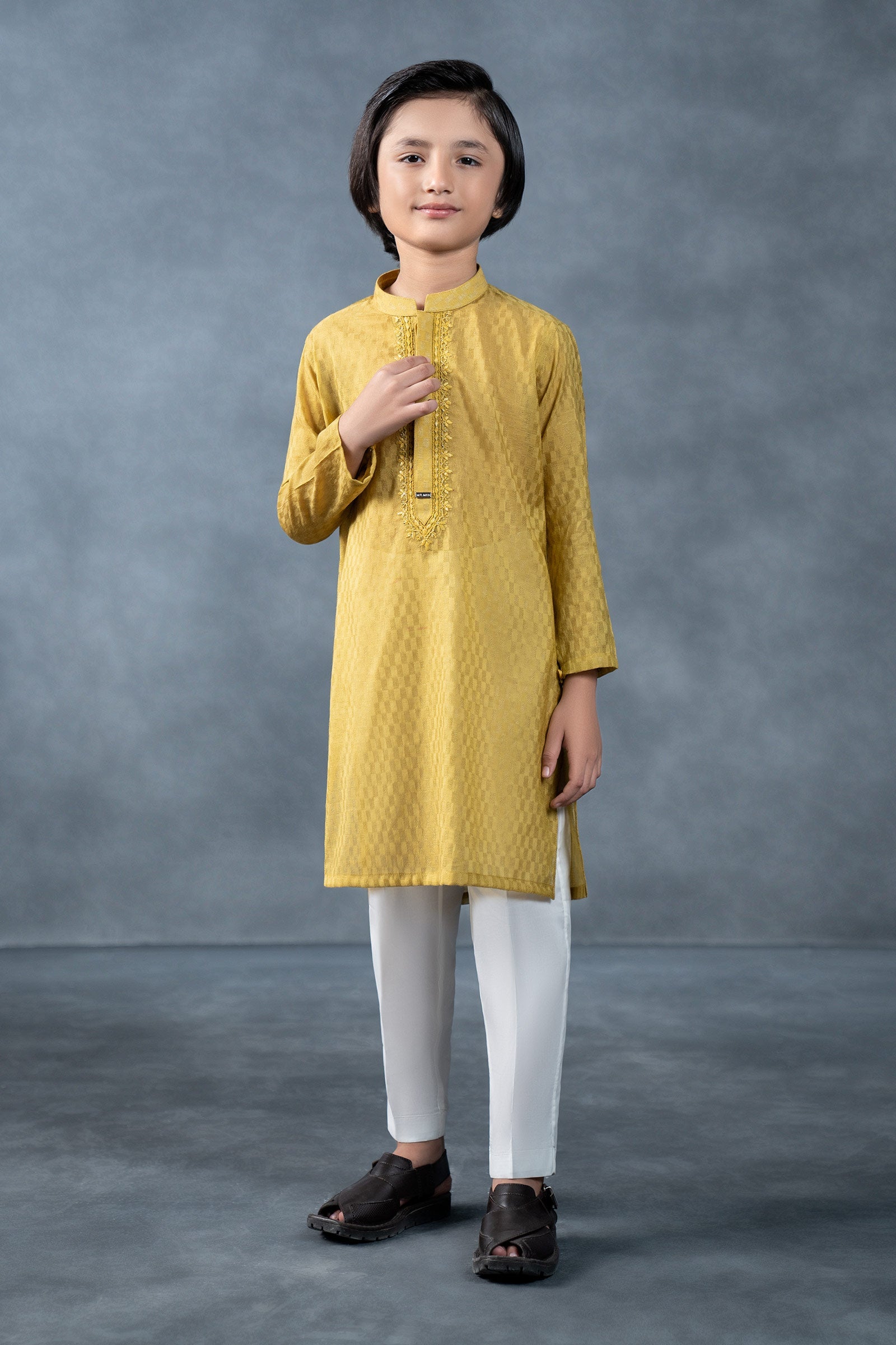 MBK-KRW25-25MustardFront_A.jpg Hand-Embroidered Cotton Jacquard Kurta - Image 1