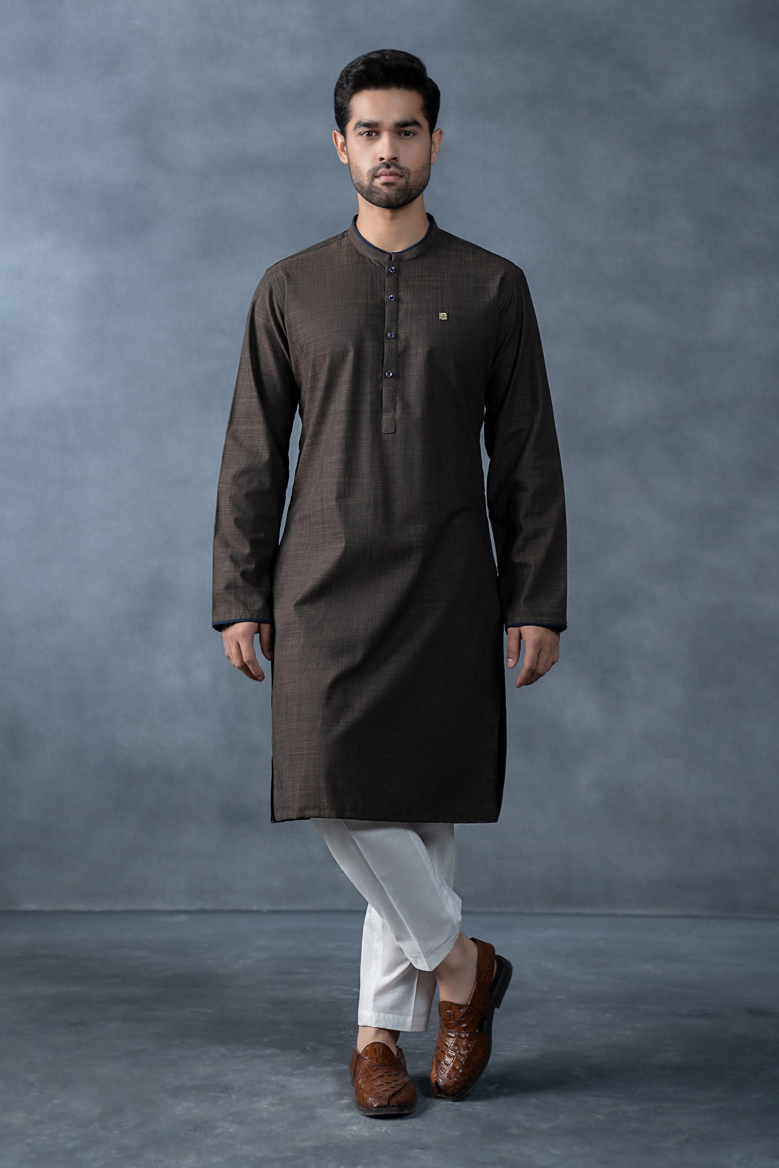MBM-KR25-27UmberBrownFront_A.jpg Nova Yarn Dyed Khaddar Kurta - Image 1