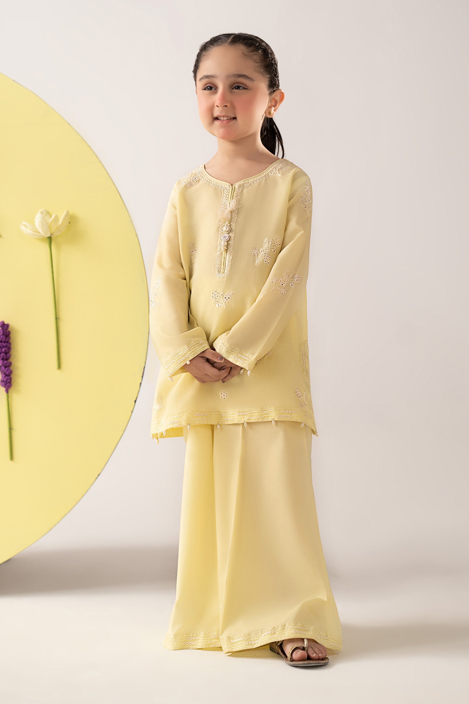 MKDEA2607YellowFront_A.jpg 2 Piece Embroidered Dobby Lawn Suit - Image 1