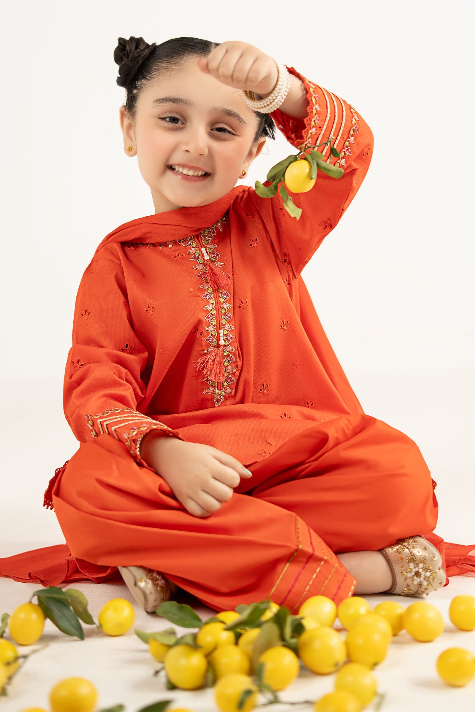 MKDEF2648OrangeClosoeup_D.jpg 3 Piece Embroidered Dobby Lawn Suit - Image 1
