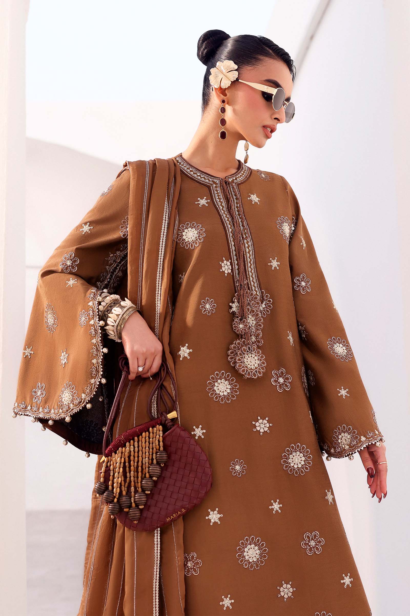 MSTEF2608BrownCloseup_E_79577c8f-1b53-4b99-888a-c0dd700bb483.jpg 3 Piece Embroidered Tissue Staple Suit - Image 1