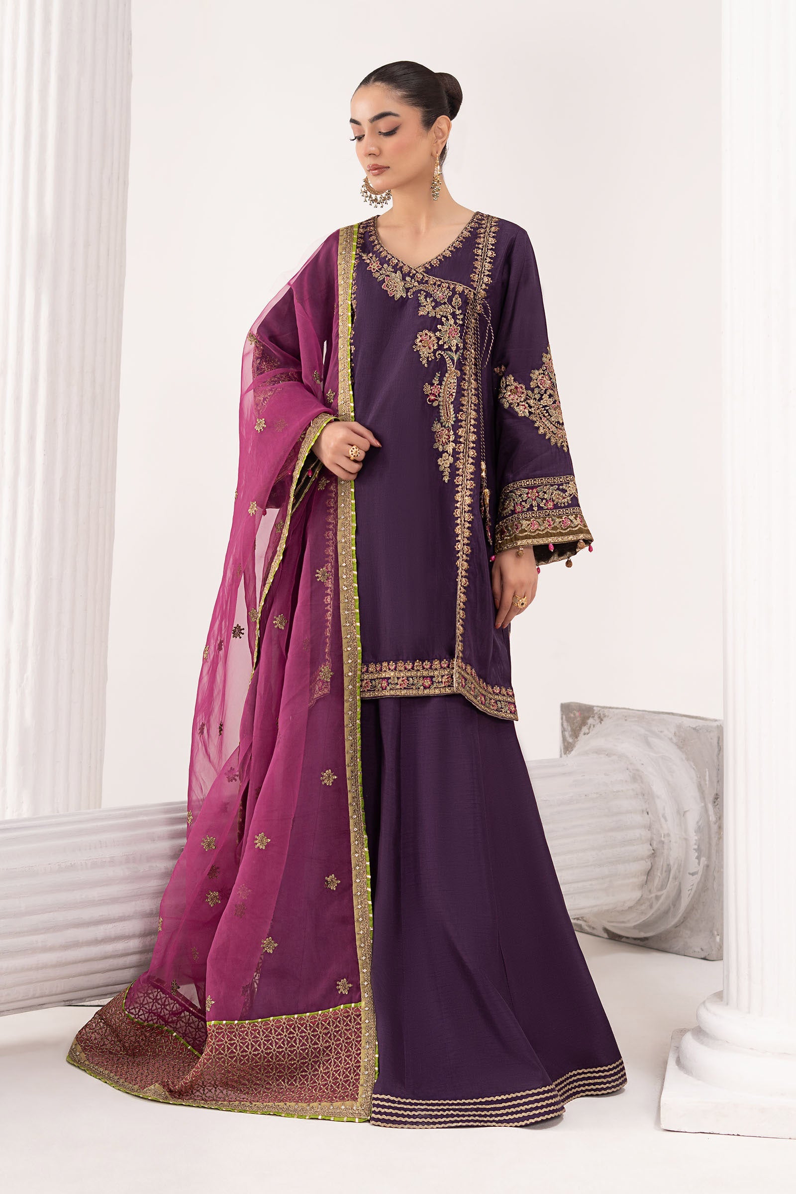 SFEF2607PurpleFront_A.jpg 3 Piece Embroidered Raw Silk Suit - Image 1